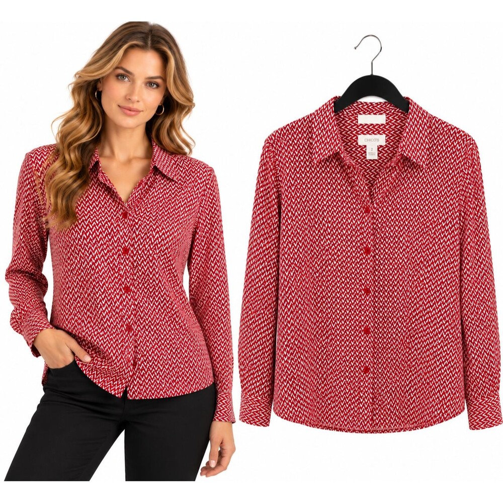 Chicos Geometric Button Down Shirt Size L No Iron Wrinkle Resistant Red White